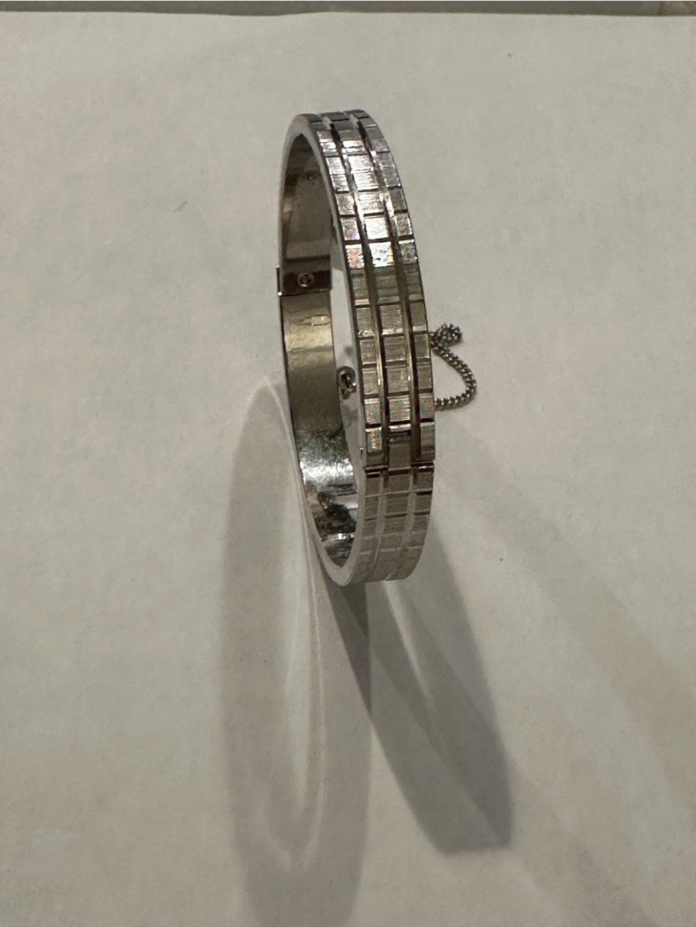 Silver Tile-Pattern Women's Bangle Bracelet with Safety Chain